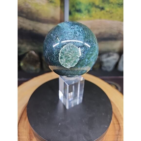 Natural Moss Agate Quartz Crystal Sphere Polished 73mm W/stand 1.16lb - Picture 6 of 9